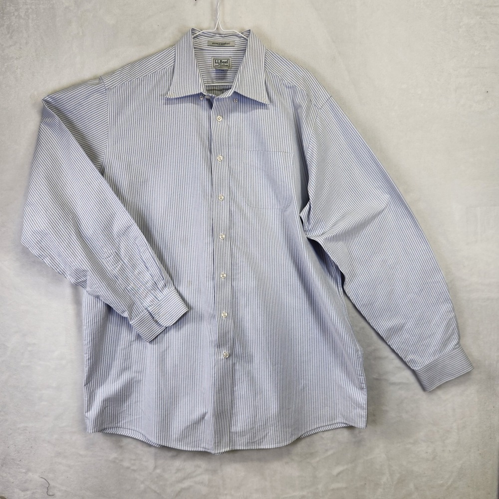 LL Bean‎ Mens Wrinkle Resistant Blue White Stripe Long Slv Shirt Size 17 1/2 37